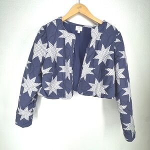 Time Tru Womens Navy Blue White Star Quilted Crop Jacket XL Granola Indie Boho